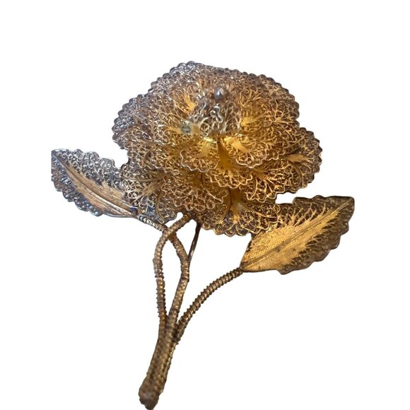 Vintage Austrian West Germany Gold Tone Filagree Flower Brooch Tone - Picture 2 of 9
